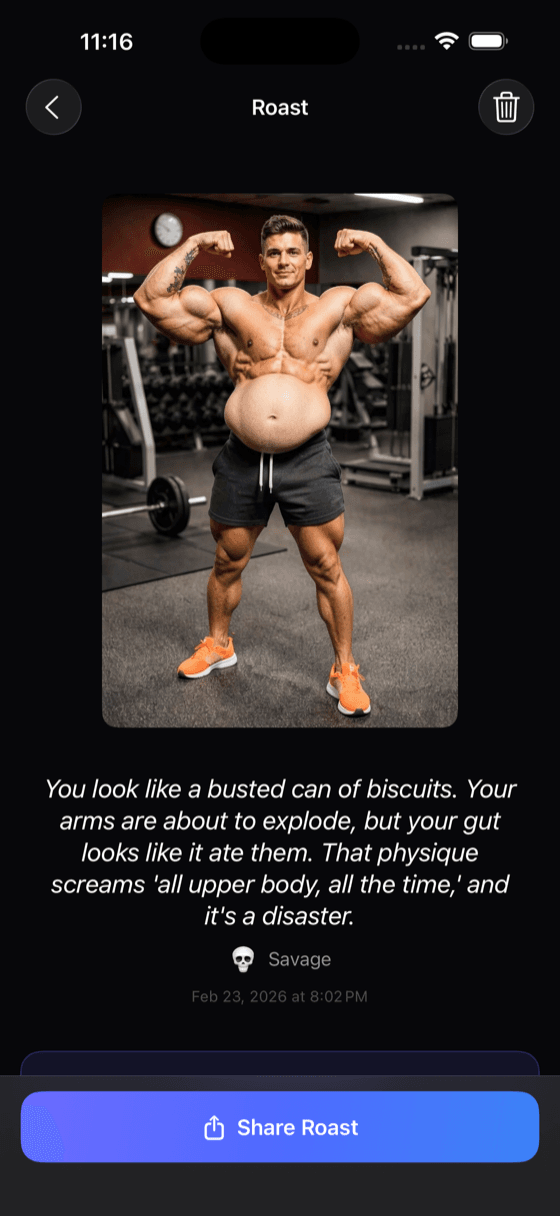 AI-generated friend roast with shareable physique analysis