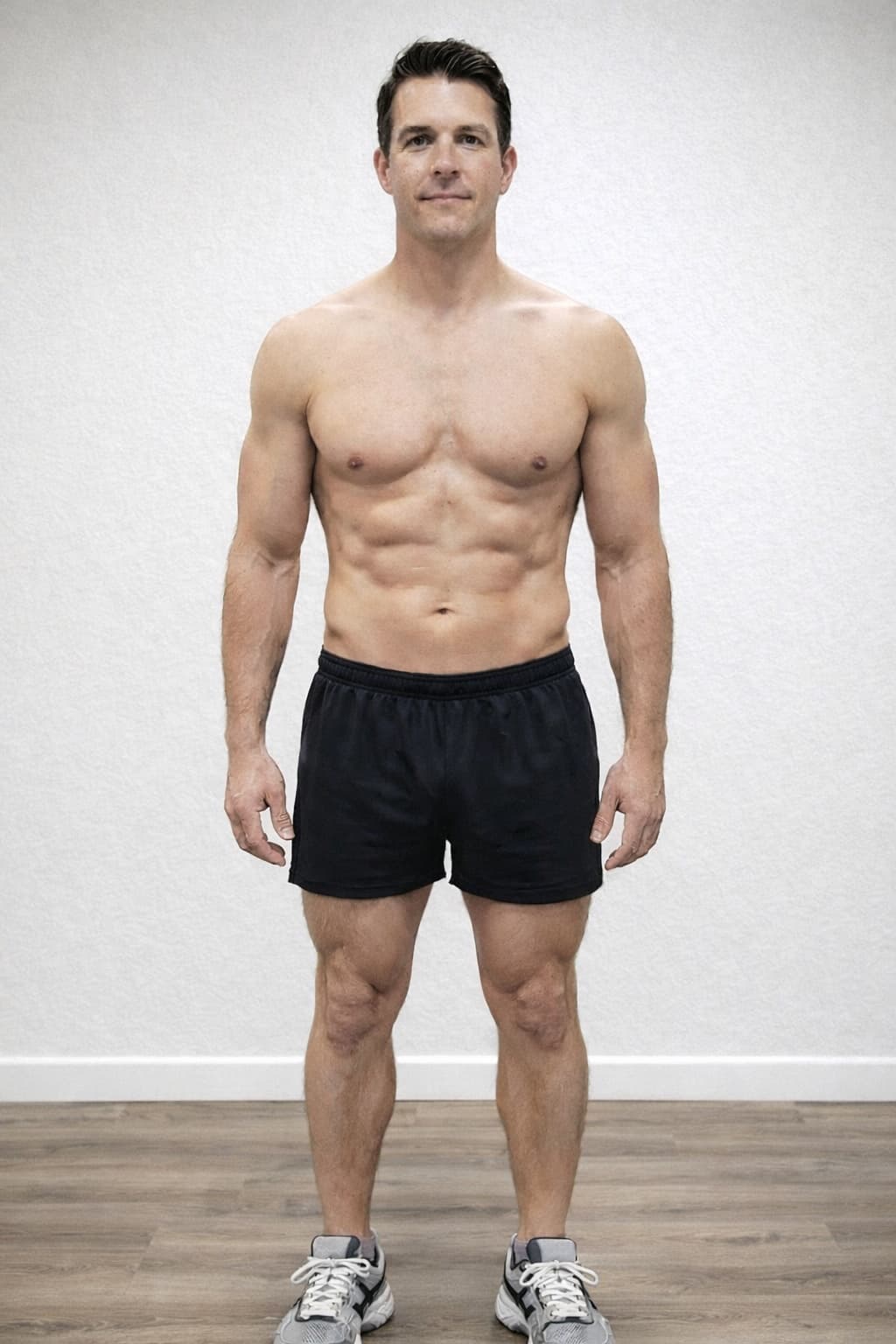Generated illustration of the same person with a leaner physique, not a recorded result