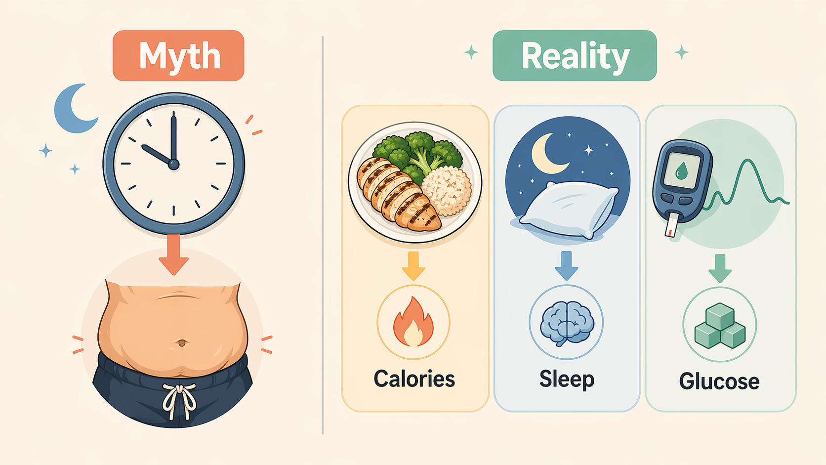 Myth versus reality slide showing that the clock does not decide fat gain